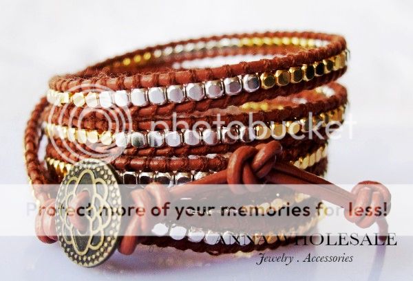 Wholesale Womens Men Silver/Gold Mix beads Leather stand Cuff wrap 