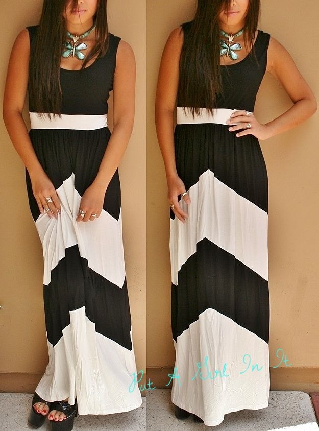 Plus Size Black White Chevron Striped Bohemian Long Tank Maxi