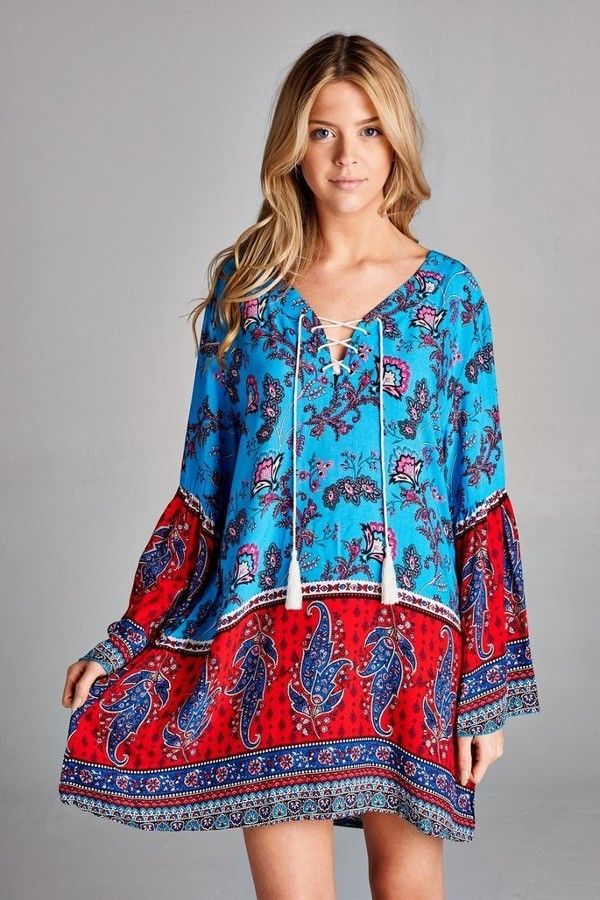 SEXY FLORAL TURQUOISE RED BOHO GYPSY BABYDOLL BELL SLV MINI DRESS TUNIC ...